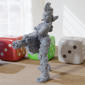 Minigun Punk Female - 3D Printed RPG Minifigure - Cyberpunk / Sci-Fi - 28mm / 32mm Scale