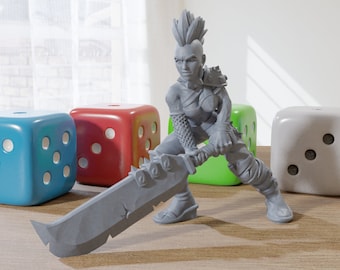 Big Sword Punk Female - 3D Printed RPG Minifigure - Cyberpunk / Sci-Fi - 28mm / 32mm Scale