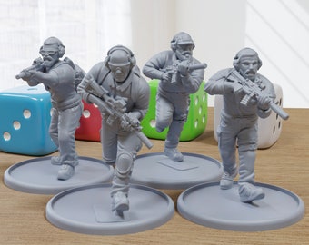 May include: Five gray plastic figurines of people wearing tactical gear and holding rifles. The figurines are standing on round bases.