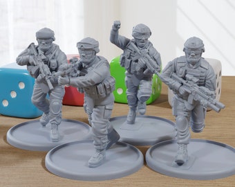May include: Four gray plastic miniature figures of soldiers, each holding a rifle and standing on a gray plastic base. The figures are posed in different action stances.