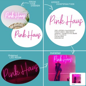 May include: Pink neon sign with the text "Pink Haus" in a pink oval shape. The sign is 45 inches wide and 13 inches high. It is made of clear acrylic with a 6mm thick neon tube. The sign is for indoor use only.