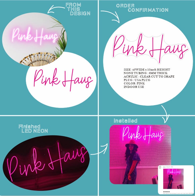 May include: Pink neon sign with the text "Pink Haus" in a pink oval shape. The sign is 45 inches wide and 13 inches high. It is made of clear acrylic with a 6mm thick neon tube. The sign is for indoor use only.