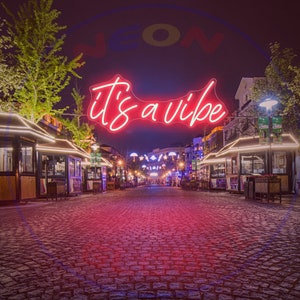 May include: A red neon sign with the text "it's a vibe" hanging above a cobblestone street lined with small shops at night.