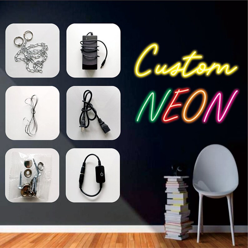 May include: A set of neon sign supplies including a chain, wire, screws, a power adapter, and a dimmer switch. The neon sign says "Custom NEON" in rainbow colors.