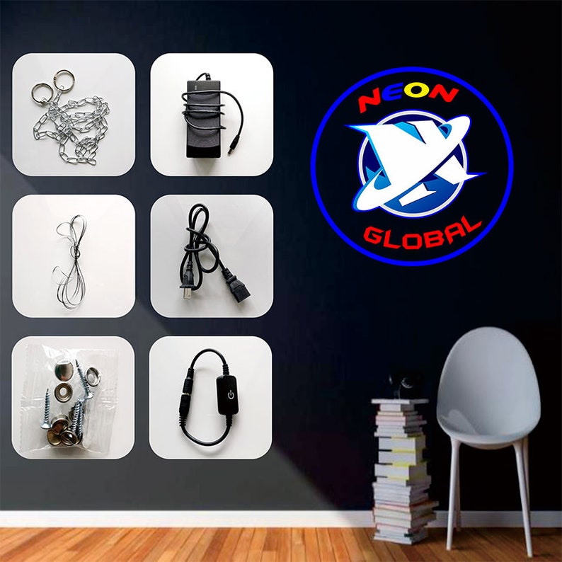May include: A set of neon sign installation accessories, including a power adapter, a chain, a hook, screws, and a dimmer switch. The sign is not included in the image. The sign is from Neon Global.