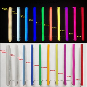 May include: A close-up view of 12 different colored LED light strips. The strips are arranged in two rows of six. The colors are warm white, cool white, ice blue, blue, green, orange, yellow, purple, pink, and red.