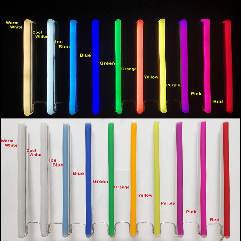 May include: A close-up view of 12 different colored LED light strips. The strips are arranged in two rows of six. The colors are warm white, cool white, ice blue, blue, green, orange, yellow, purple, pink, and red.