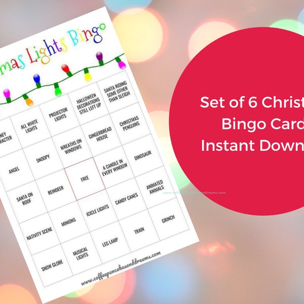 Christmas Lights Bingo Card Set of 6 PDF Digital Download, Holiday Lights Game, Printable Christmas Baingo, Family Christmas Game