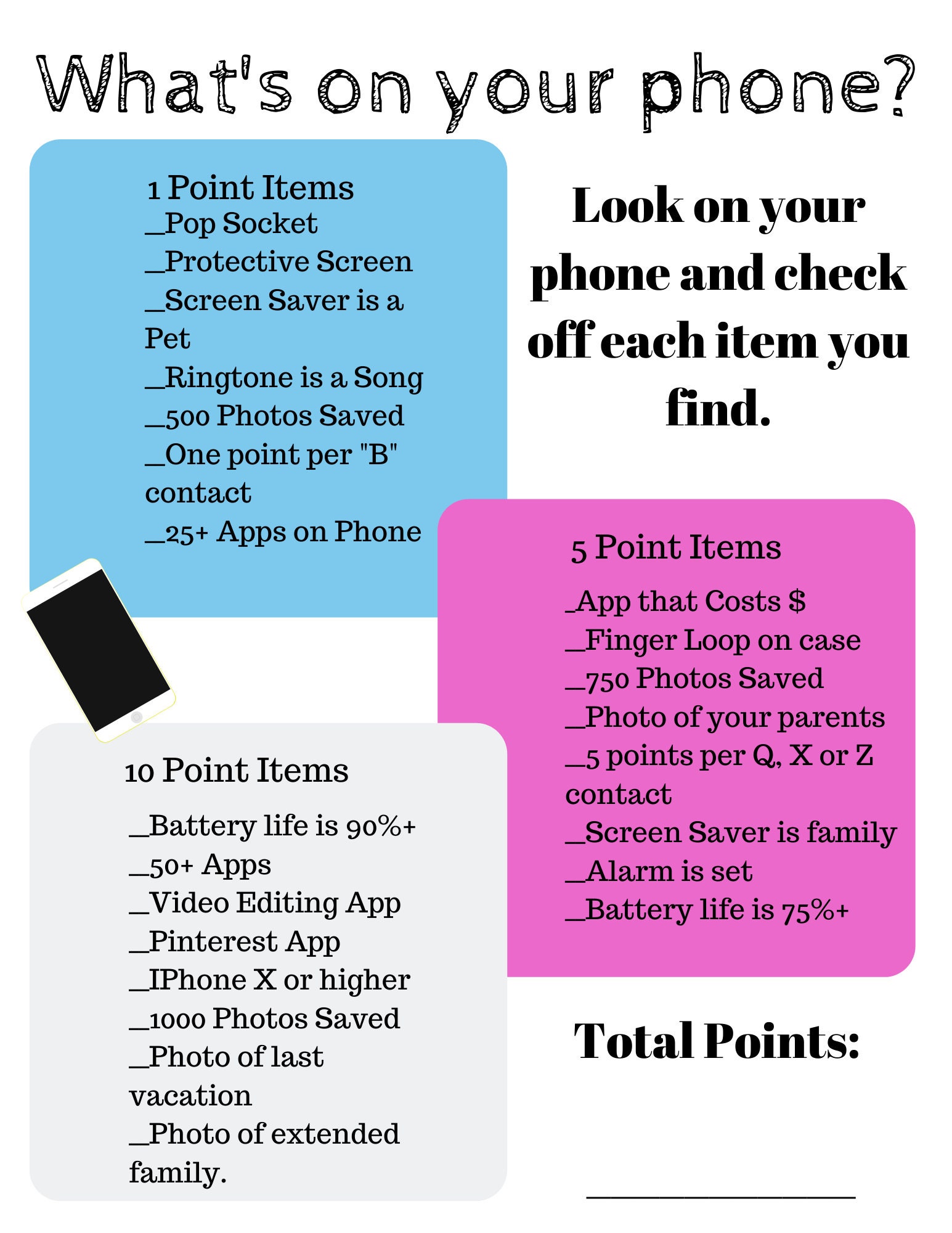 Printable "what's on Your Phone" Game Tweens, Teens, Baby Shower ...