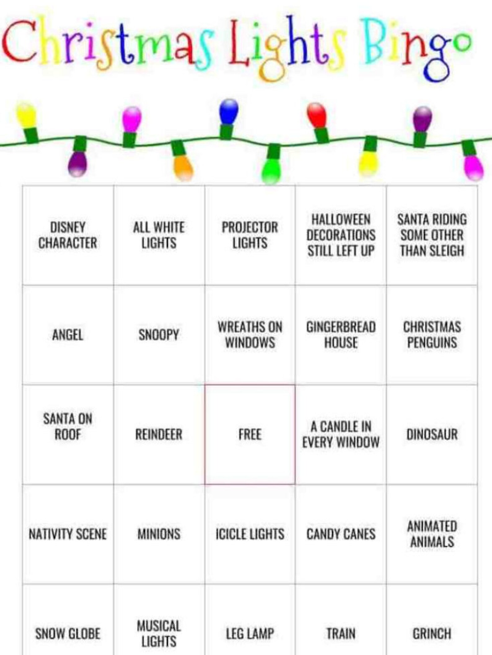 Christmas Lights Bingo Card Set of 6 PDF Digital Download, Holiday ...