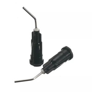 May include: Two black, angled dispensing tips with a silver metal needle. One tip is upright, and the other is lying on its side. The tips are used for precise application of adhesives, sealants, or other liquids.