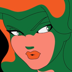 May include: A close-up of a woman's face with green skin, orange hair, and red lips. Her eyes are wide open and she has a serious expression.