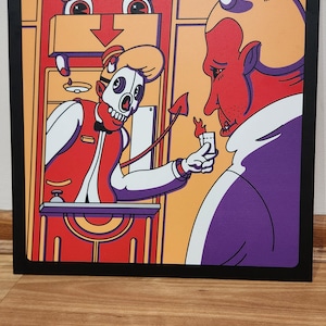 May include: A cartoon illustration of a skeleton wearing a red vest and a bow tie, holding out a lit match to a red devil with horns. The devil is wearing a purple shirt and has a grumpy expression.