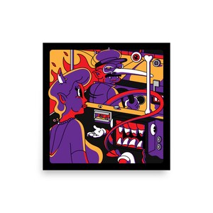 Puede incluir: Una ilustración colorida de un diablo de dibujos animados conduciendo un coche con un monstruo en el asiento trasero. El diablo lleva un sombrero rojo y tiene una nariz larga y puntiaguda. El monstruo tiene dientes afilados y una lengua larga y roja. El coche es amarillo y tiene un volante rojo.