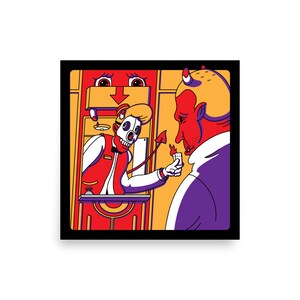 Op de afbeelding: Illustratie van een duivelse scène. Een figuur met een skeletgezicht in een rood vest en vlinderdas biedt een aansteker aan een rode duivel. De achtergrond toont een drive-thru raam met een verdrietig gezicht.