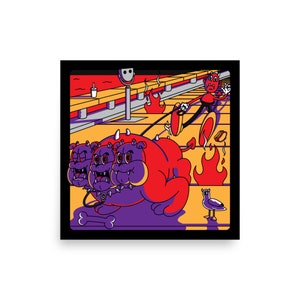 May include: A red and purple three-headed dog with a leash attached to a red devil character. The dog is walking on a purple surface with a bone on the ground. The devil is wearing a red suit and has a tail. The background is a yellow and orange scene with flames.