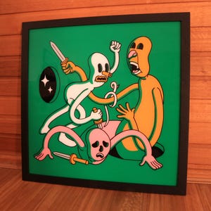 May include: A framed illustration of three cartoon figures in a green background. One figure is white with a long nose and is holding a knife. Another figure is yellow and is holding a knife. The third figure is pink and is lying on the ground.