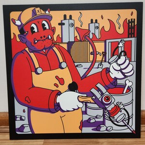 May include: A red cartoon devil wearing a yellow jumpsuit and a hard hat is holding a wrench and standing in front of a factory with flames coming out of the windows. The factory is surrounded by barrels and other industrial equipment.