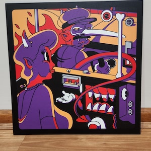 May include: A purple and red cartoon illustration of a devil driving a car with a passenger in the back seat. The car has a red tailpipe and a large, toothy mouth. The passenger is a woman with purple hair and a black necklace.