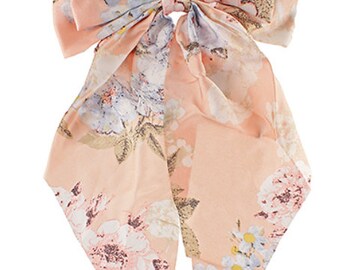 Flower Printed Double Bow & Long Tail Barrette