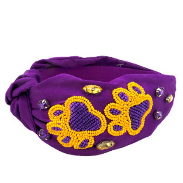 Purple Headband with Beaded Tiger Paws