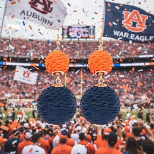 Navy and Orange Drop Raffia Ball Earrings
