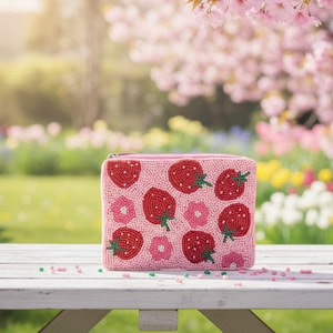 Strawberry Beaded Coin Pouch