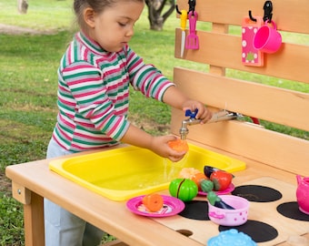 Cocina de barro con fregadero para juegos de jardín, mesa sensorial para exteriores, muebles Montessori
