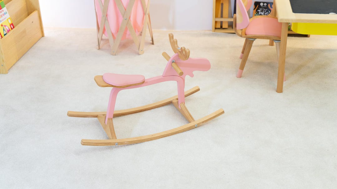 Deer Rocker Pink Wooden Rocking Deer Toy, Pink Moose Nursery Rocker, Montessori ...