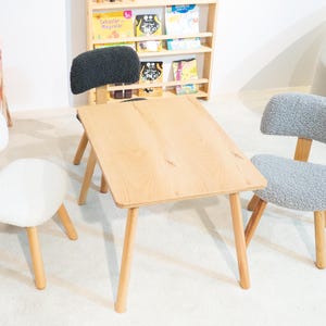 Montessori-Style Wooden Kids Table and Chair Set, Natural Wood Children&#39;s Furniture, Playroom Table Set with Fuzzy Chairs  Nursery Furniture