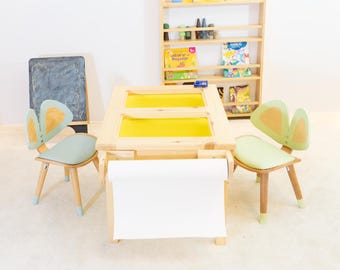 Kinder Kunsttisch mit Häschenstuhl, Montessori-Lernschreibtisch, Papierrollenhalter