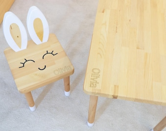 Handcrafted Kids Bunny Table Set, Solid Wood Children's Furniture