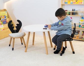 Montessori Kids Desk and Chair Set, Beech Plywood, Modern Playroom Furniture