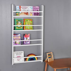 Kids Bookshelf Painted, Kids Bookrack White, Custom Wall Mounted Bookcase,  Wooden Nursery Furniture for Baby Shower Gift