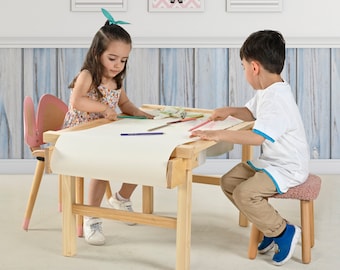 Childrens Table and Chairs, Kids Desk and Chair Set, Activity Table with Roll Paper Holder