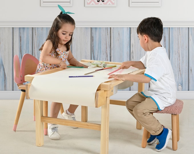 Montessori Kids Craft Table with Paper Roll, Pine Wood Desk and Chair Set