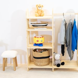 Montessori Wooden Wardrobe with Shelves: Kids Clothing Rack, Eco-Friendly