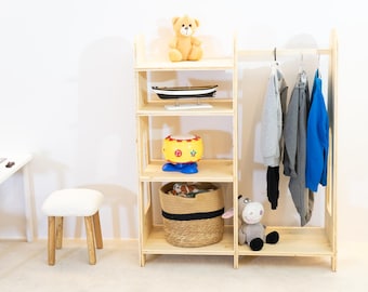 Montessori Wooden Wardrobe with Shelves Kids Clothing Rack, Eco-Friendly