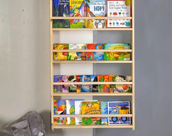 Montessori Wall Mounted Wooden Bookshelf, Wood Kids Room Storage, Toddler Room Decor