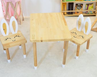 Montessori Kids Table and Bunny Chairs Set Solid Pine Wood