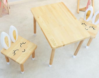 Montessori Kids Table and Bunny Chairs Set Solid Pine Wood