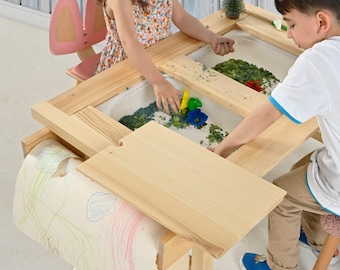 Juego de mesa y sillas Montessori, mesa de actividades con soporte para rollo de papel, mesa moderna para niños