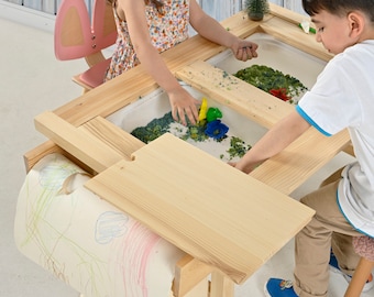 Kinder Kunst- und Sinnestisch, Holzspieltisch mit Papierrolle