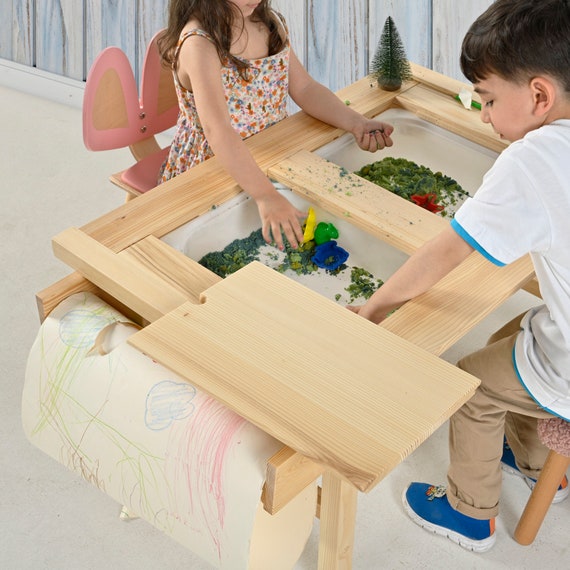 Sensory Table, Activity Table With Roll Paper Holder, Water and Sand Table,  Wooden Play Table 