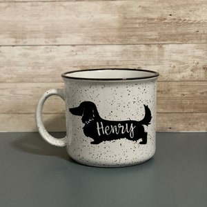 Long Haired Dachshund Silhouette Name Mug 13 oz. | Campfire Mug | White Mug | Pet Mug | Dachshund Mom | Personalize