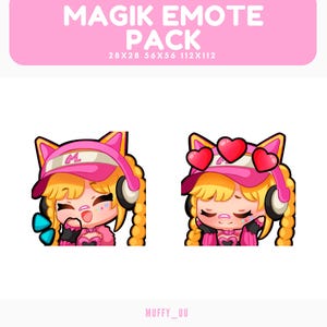 May include: A pink banner with the text "MAGIK EMOTE PACK" and size details. Below are two cartoon emotes of a blonde character wearing a pink hat, headphones, and a pink sweater. One emote has blue speech bubbles, the other has red hearts.
