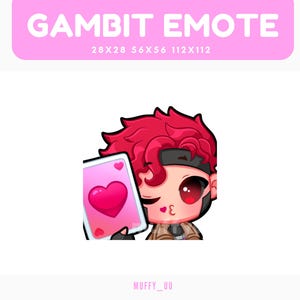 May include: A digital illustration of a character with red hair, a black headband, and a brown jacket, holding a pink playing card with a heart. The image includes the text "GAMBIT EMOTE" and size dimensions. The character is winking and blowing a kiss.