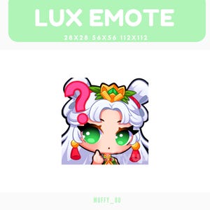 May include: A cartoon Lux Emote graphic. It shows a character with white hair, green eyes, and a pink question mark. The character wears a gold crown and touches their chin. The text "LUX EMOTE" is at the top of the image.