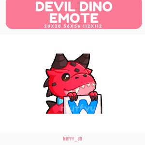 May include: A red cartoon devil dinosaur holding a sign with the letter "W" and the text "Wuffyvu". The image has a pink banner at the top with the text "DEVIL DINO EMOTE" and dimensions. The artist's name "MUFFY_UU" is at the bottom.