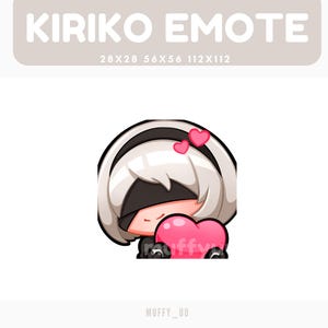 Peut inclure: Illustration numérique d'une émote Kiriko. Le personnage a des cheveux blancs, un bandeau noir et un couvre-chef noir et blanc. Le personnage tient un grand cœur rose. Deux petits cœurs roses sont au-dessus de la tête du personnage. Le texte "KIRIKO EMOTE" est en haut.
